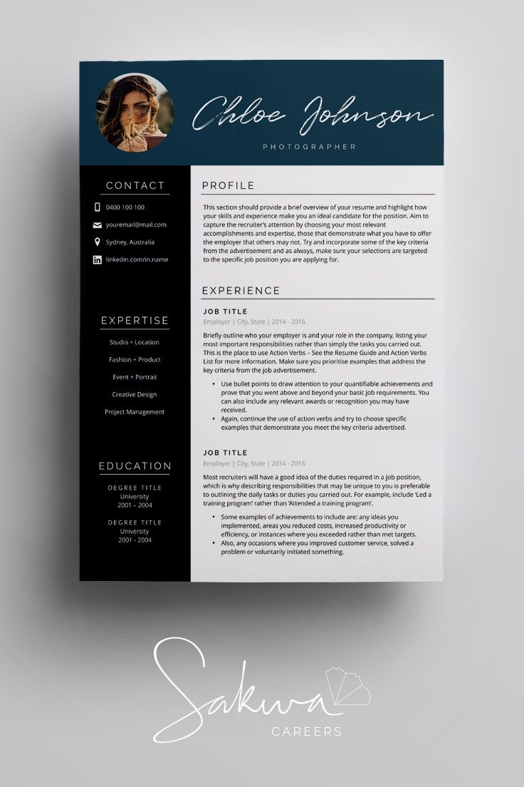Resume Template in A4 + US Letter for Word + Pages. 3 Page Resume Design with Cover Letter + References