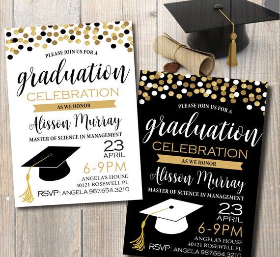 Gold confetti Graduation Invitation Black and White Etsy Graduation party invitations