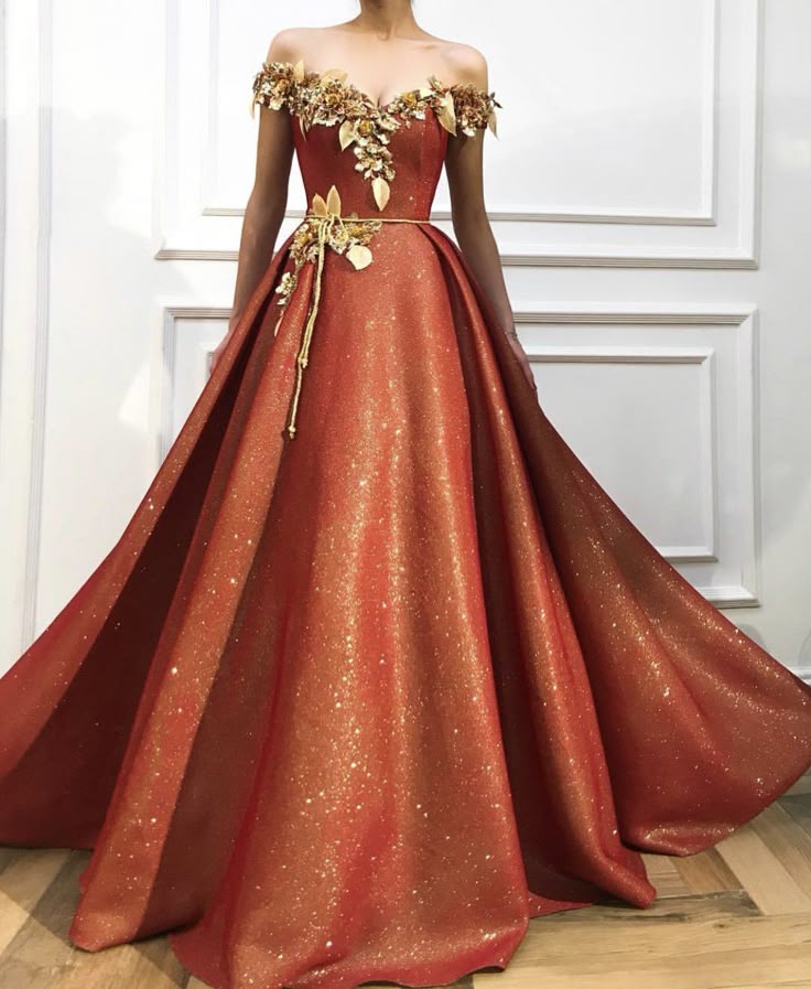 Details Red Dress Color Sparkling Mesh Net Fabric Handmade Embroidered Gold Colored Wild Flowers And Belt Off Shoulders Bal Ball Gowns Dresses Gowns
