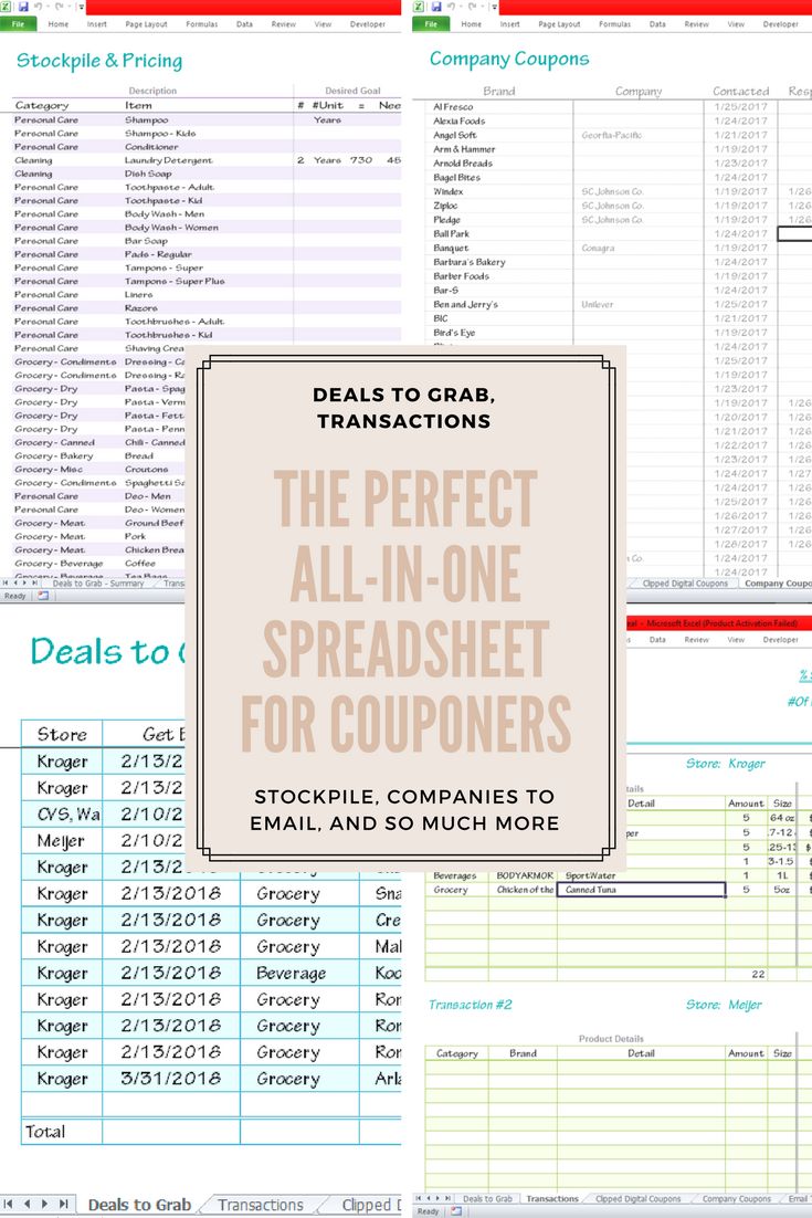 Have you been looking that the right way to make your shopping trips, emailing companies, or stockpile inventory easier and less chaotic? You've come to the right place. With this all-in-one spreadsheet, you won't lose track of those deals again!! Organize every transaction down to how many coupons and items. Get all of your notes in order. Keep track of what companies you've emailed and use our handy templates. Even get your stockpile in order! The math is done for you. All you have to do is pu