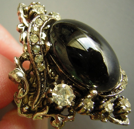 Gothic 1960\u2019s Encrusted Cocktail Ring Vintage Signed ART Circular Onyx Rhinestone Faux Silver Toned Metal Brutalist Adjustable Size