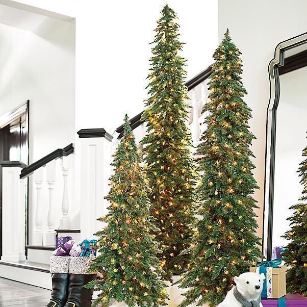 Set of 3 Slim Pine Pre Lit Artificial Christmas Trees Holiday Display