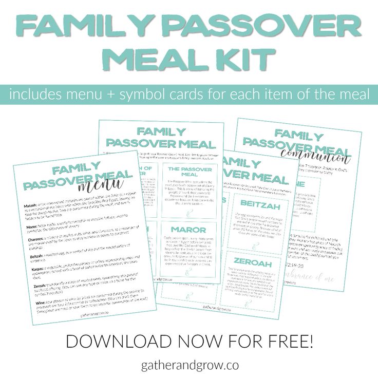 Family Passover meal menu and symbol cards. Free printable kit to help you share a traditional Seder dinner with kids.