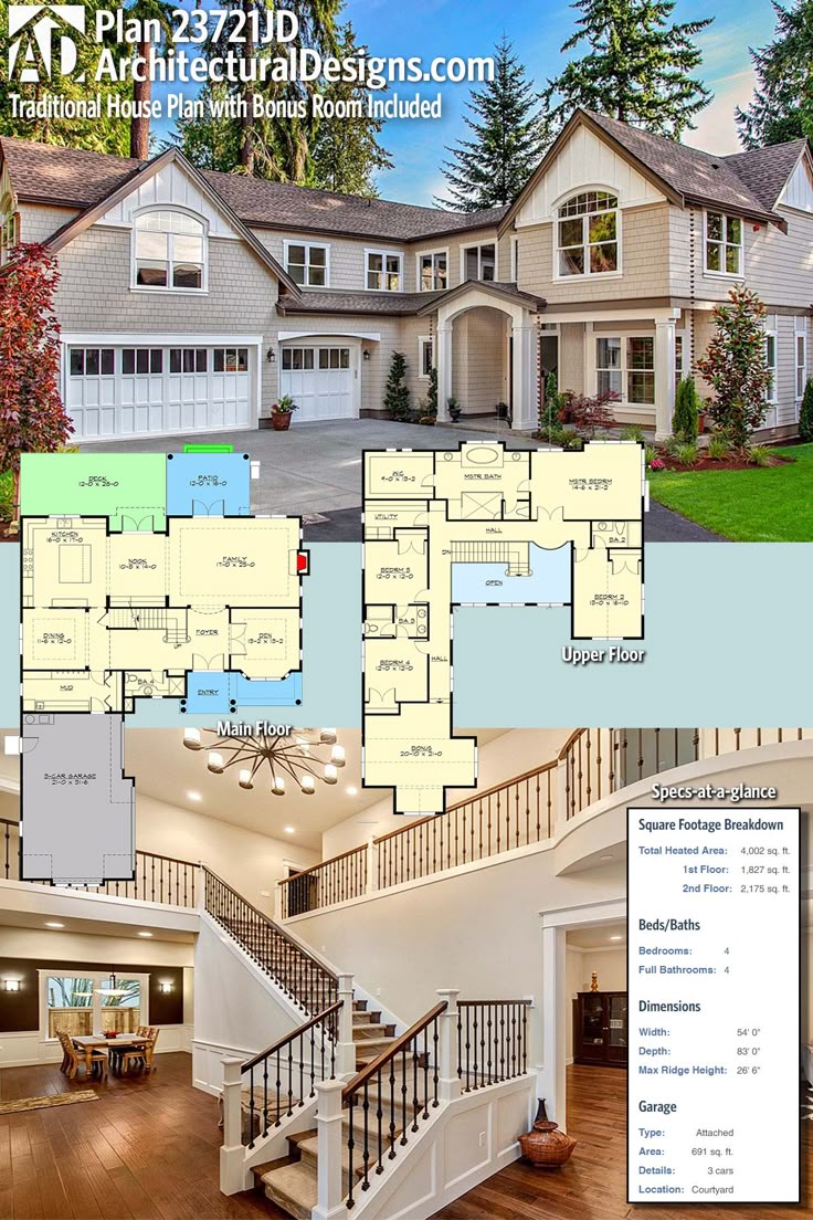 Architectural Designs House Plan 23721JD gives you 4 beds, 4 baths and just over...