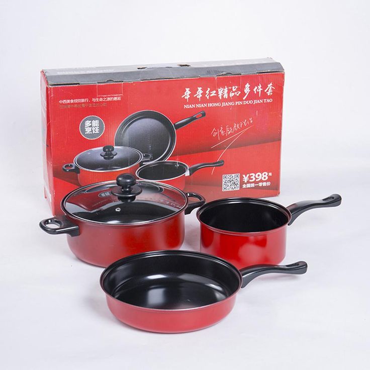 China Garden Omaha Hot Pot 3pcs Cookware Pot Set Cooking Utensils Red Color Iron Flat