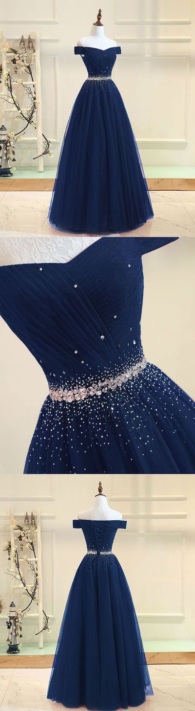 Dunkelblaues Tüll aus schulterlangem Abschlussballkleid, Dunkelblaues Abendklei