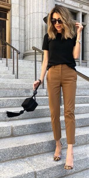 Tan brown cropped pants, black tshirt, leopard heels pumps. Cute date night or c… Tan brown cropped pants, black tshirt, leopard heels pumps. Cute date night or c…