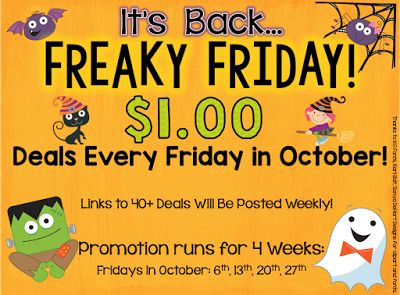 By Popular Demand... Freaky Friday is Back!! Can you believe it is October already?? So scary how quickly time flies! When October arrives so does FREAKY FRIDAY!! Our 4th year running! .....which means 4 weeks of incredible $1 deals on over 40 products each week are on their way! If you have followed me for the past three years you might remember that each October I join a group of sellers to offer $1 Deals each Friday in October! AND...we have decided to 'get freaky' again this year! Here is how it works: Each Friday the participating sellers will select one product from their store (normally priced $3-$5) to mark down to just $1 for the day! How will you find these products? There are a few ways! 1. Click THIS IMAGE to find my deals: 2. Follow this hashtag on INSTAGRAM #freakyfridaypegs 3. Click the links to the participating stores in the LINKY at the end of this post and it will take you directly to that store's $1 deal for the day (it will be updated each week to the new product)! 4. You can also click on the following link - it will bring you to all the $1 DEALS OF THE DAY! So what will you find from me this week? HALLOWEEN WRITING! Have fun at Halloween with this versatile Spooktacular Story Starters Writing Pack full of choice and differentiation there is sure to be just the right challenge for your students! The pack also includes a helpful picture/word spelling mat. This pack is normally $5 but for today only it has been discounted to $1 - so don't miss out! Included in the writing pack: Word Help Mat Sensing Halloween Acrostic Poem Templates x 5 Graphic Organizers x 3 Story Starters x 15 in 2 versions Writing Lines Templates x 6 in both large/small line versions Story Ideas x 10 - to use with above writing templates Bonus Writing Template in Landscape Orientation HALLOWEEN and BOO large display letters for your bulletin board Blackline Version: Print from P77 onwards for a complete copy of this pack. Ready To Find All the $1 Deals for Week 1 of Freaky Friday? The following stores are participating in 'Freaky Friday Dollar Deals' for October 2017. Click on the first link to find ALL the deals of the week or click on each specific store link to find their item of the week! Be sure to check back each Friday in October for the new dollar deals! Linky coming soon! Thank you for your patience! Freaky Friday Halloween