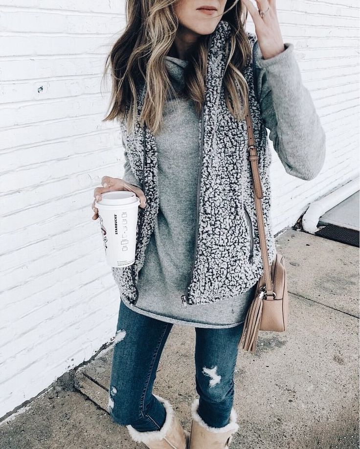 Cozy Gray Vest Over Sweater With Trendy Distressed Blue Jeans Cozy Gray Vest Over Sweater With Trendy Distressed Blue Jeans