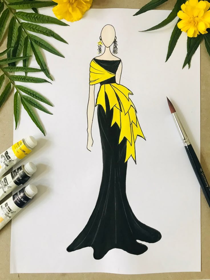A Drawing Of A Woman In A Black And Yellow Dress On Paper Next To a-drawing-of-a-woman-in-a-black-and-yellow-dress-on-paper-next-to