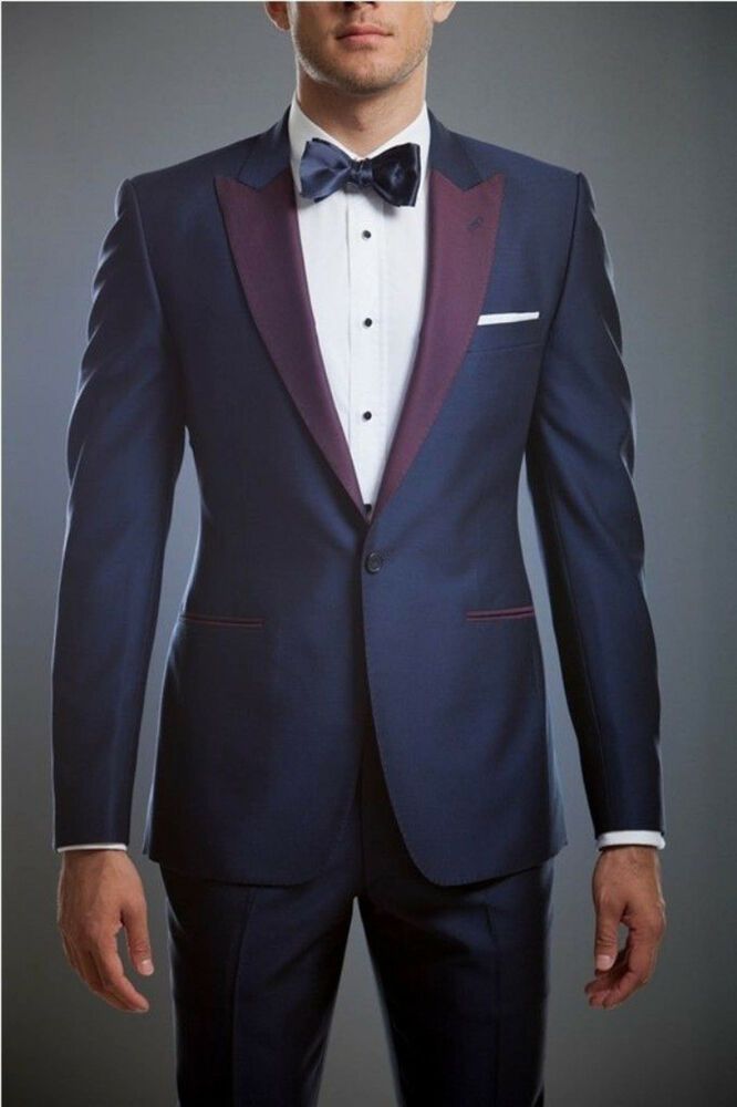 Men Blue Suit Designer Grooms Wedding Purple lapel Tuxedo