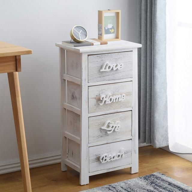 Comodino Bianco Grigio Cassettiera 4 Cassetti Shabby Di Legno Per
