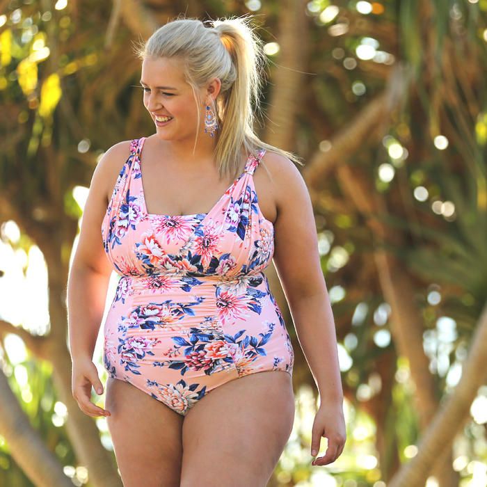 Curvy Swimwear Over the Shoulder One Piece in Peach Blossom