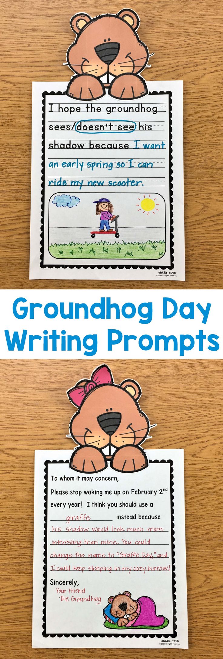 the groundhog day writing prompts are displayed on top of a wooden table with paper