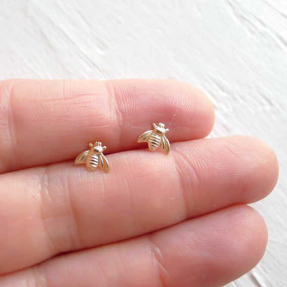 Solid 14k White Gold Bee Earrings Honey Bee Small 7mm Dainty Bumble Bee Stud In 2021 Bee Earrings White Gold Bee Studs