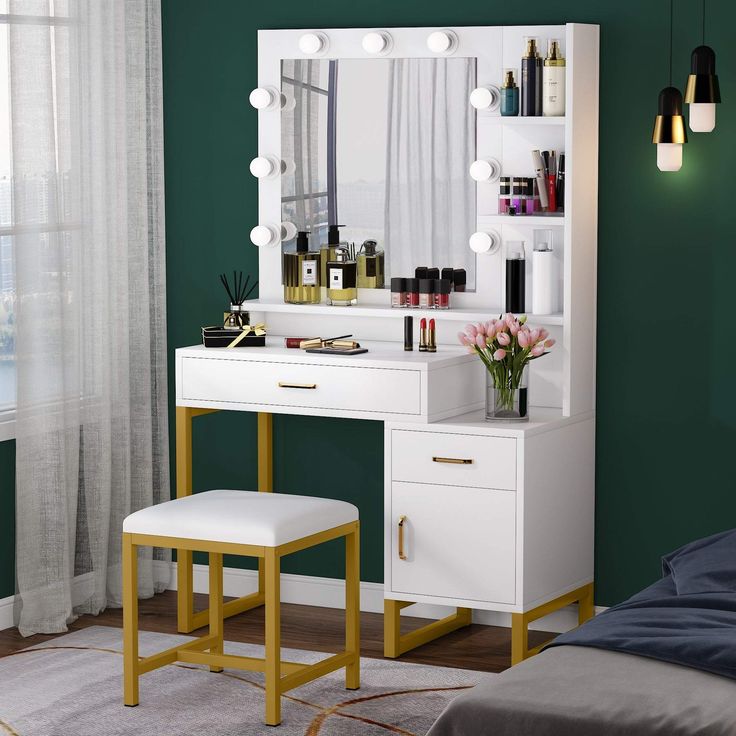 Tribesigns Vanity Elegant Dressing Table With Drawers And Stool Set Makeup Tribesigns Vanity Elegant Dressing, Tribesigns Dressing Vanity Table Set Makeup Lighted Desk With Mirror And Drawer