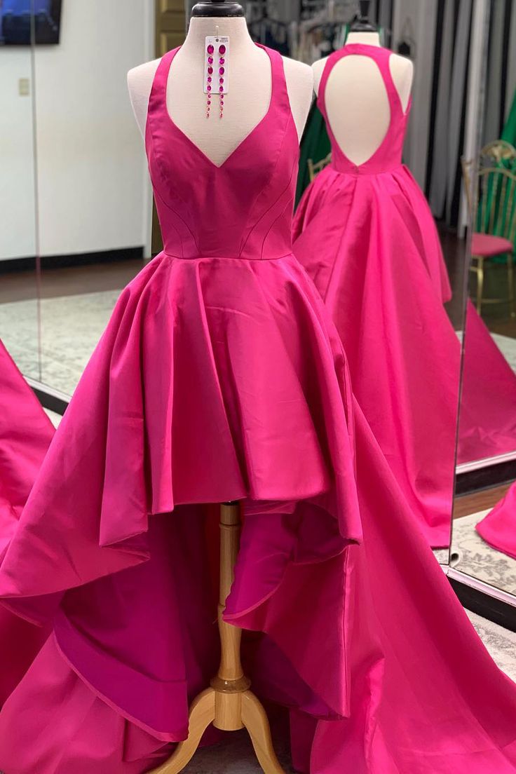 High Low Hot Pink Prom Dres, 2019 Prom Dress with Pockets