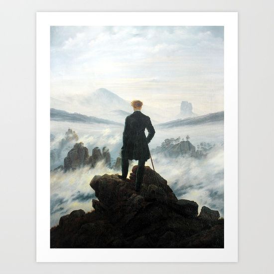 An iconic painting depicting a man standing on a coastal cliff above a