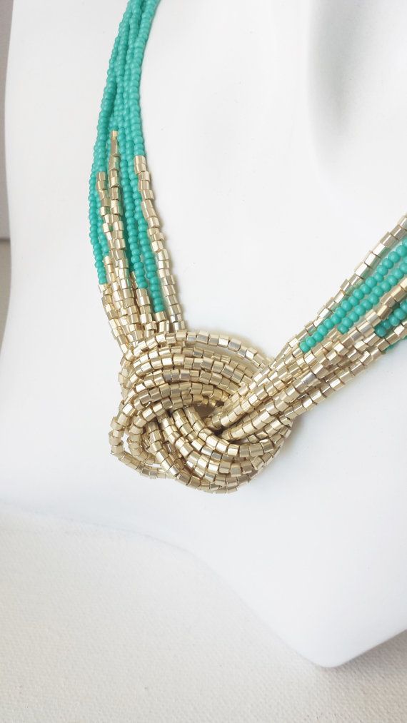 Turquoise and gold necklace seed bead necklaceknot turquoise