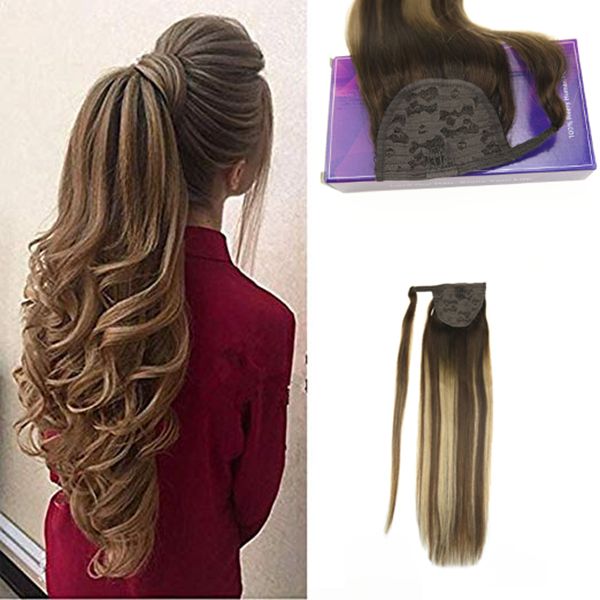 Ponytail Straight Human Hair Extension Ombre Balayage Dark Brown