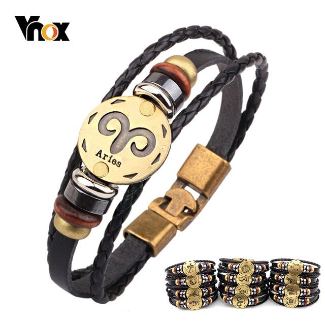 Mens Womens Punk Multi-Layer 12 Zodiac Signs Constellation Astrology Braided Leather Cuff Bracelet,Black