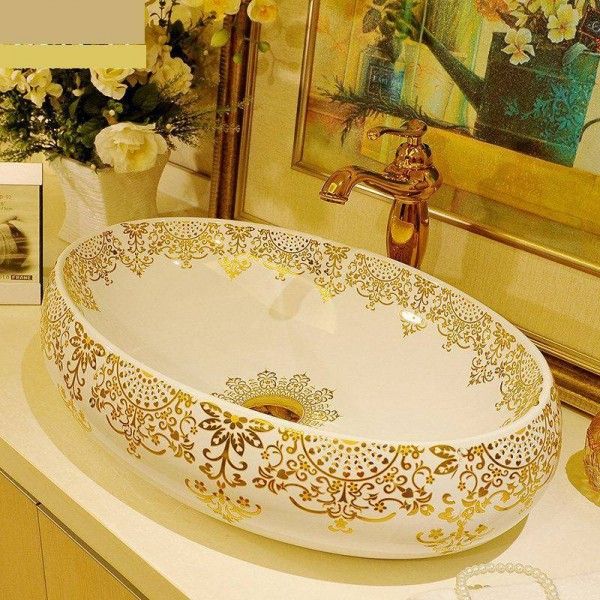 Oval Europe Style Porcelain Handmade Art Lavatory Bathroom Sink Wash Basin Decorative Sinks Gold Pattern Ceramic Bowls - Bathroom Porcelain Wash Sink Oval Europe Style Porcelain Handmade Art Lavatory Bathroom Sink Wash Basin Decorative Sinks Gold Pattern Ceramic Bowls - Bathroom Porcelain Wash Sink
