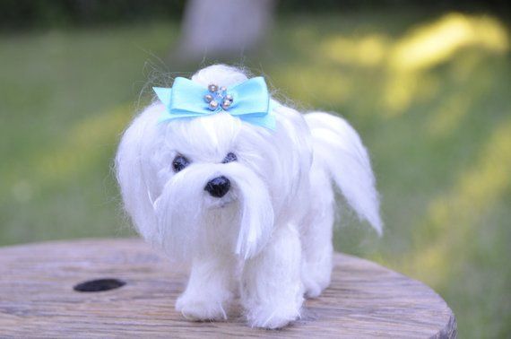 Needle Felt Maltese Dog With Blue Ribbon 12 Cm Feltdog