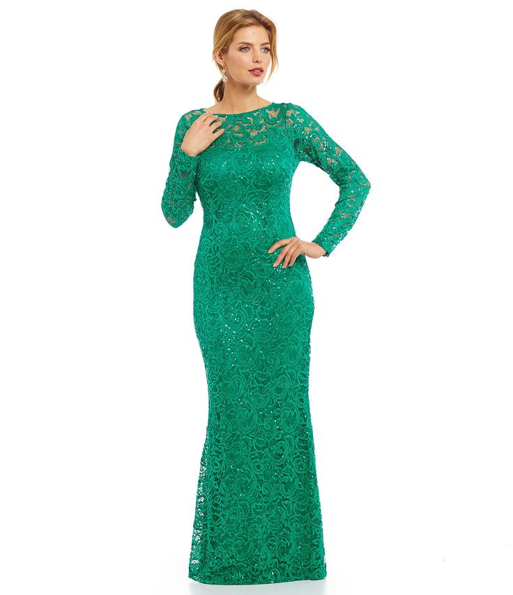 Marina Sequined Lace Long-Sleeve Illusion Gown | Dillard's | Elegant ...