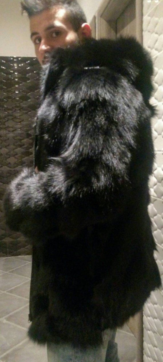 Men S Basic Blacknew Real Black Fox Fur Hooded Coat Hood Fur Hood Coat Fox, Black Fox Fur Hooded Coat Mens