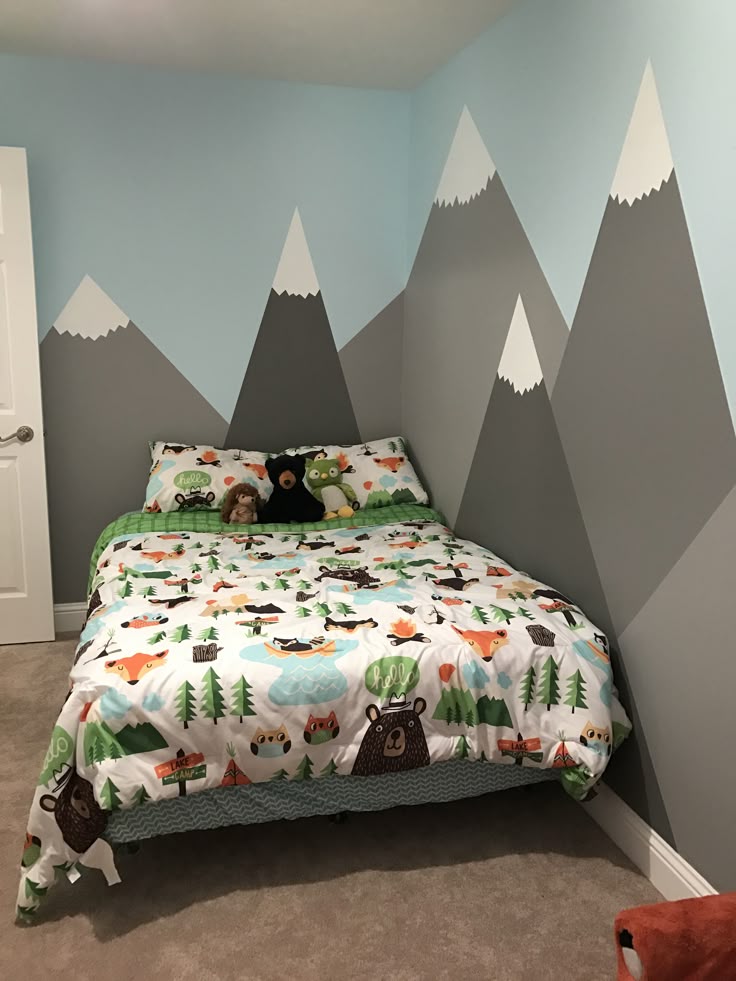 550 Best Boys Rom Images On Pinterest Child Room Kid Bedrooms And My Son Kyler S Room Via Ktgardner Mountains Painted On The Walls For A Woodland Themed Bedroom Toddler Boy Comforter Is Pillow Fort By Target