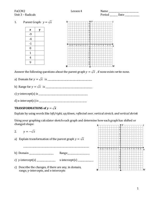 Parent Function Worksheet Answers Class Notes for Discovering