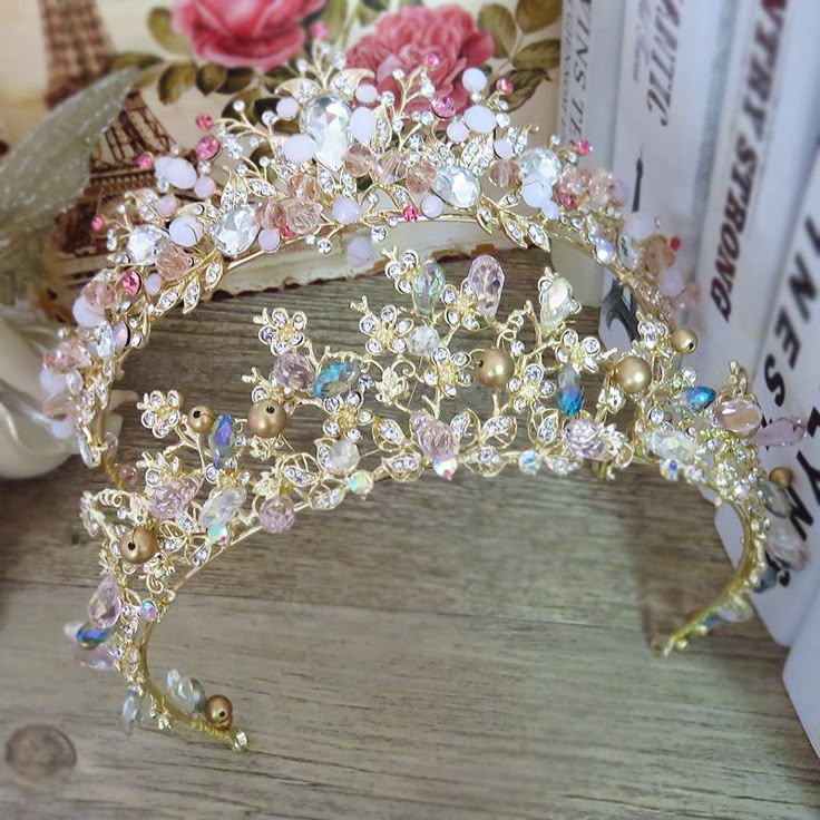 Brides Hair Jewelry Baroque Handmade Beaded Luxury Pink Gold Crowns Crystal Tiar… Brides Hair Jewelry Baroque Handmade Beaded Luxury Pink Gold Crowns Crystal Tiar…