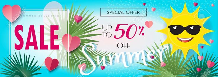 Summer sale. Tropical background banner with sun icon, palm tree leaves frame, sky, hearts. Vector illustration gift card, voucher, poster template. Stock Vector - 80927124