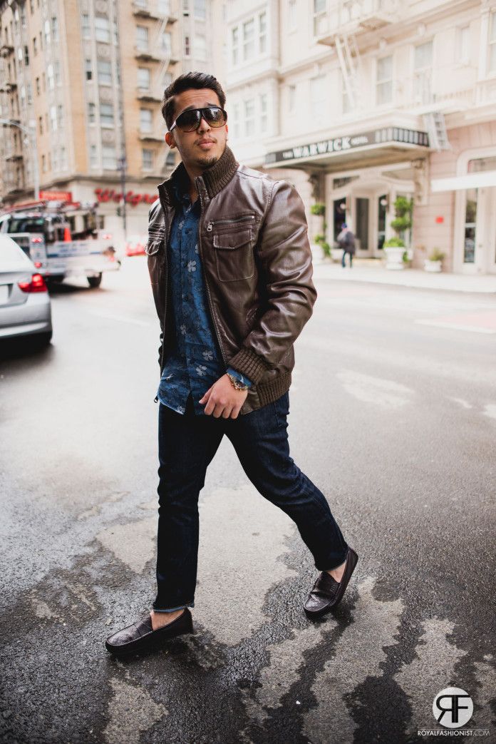 Men\u0027s Outfit Idea Brown Leather Jacket, Floral Shirt and Loafer