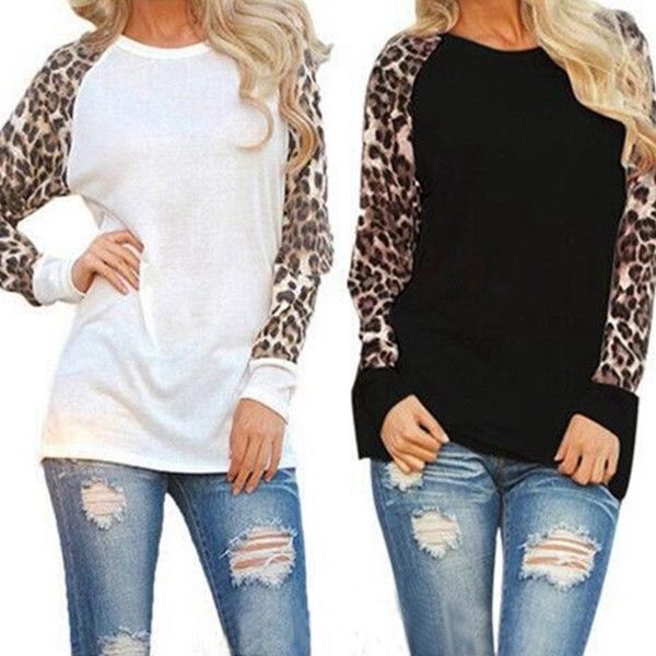 Womens Leopard Raglan Long Sleeve T-Shirt Casual Tops Basic Tee Blouse Sweater