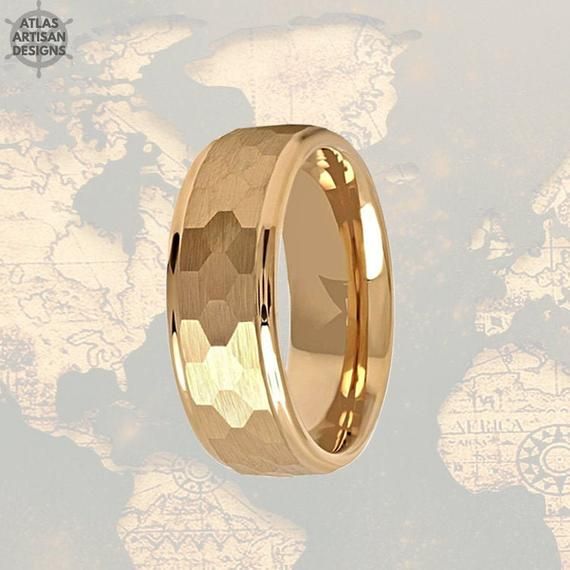 Tungsten Ring Yellow Gold 18K 4mm Gold Rings For Women And Men Wedding Band Hammered Gold Wedding Ring Engagement Ring Promise Ring