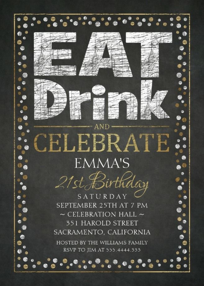 Elegant Adult 21st Birthday Party Invitations, Cool Black White Gold Invite Templates. Eat Drink Celebrate Personalized Online! Fun & Creative!