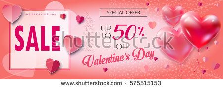 Sale discount banner for Valentines Day. Vector template. Special offer poster with heart balloons, festive background. Love, poster, banner, coupon, voucher, Typography Gift card Advertising design