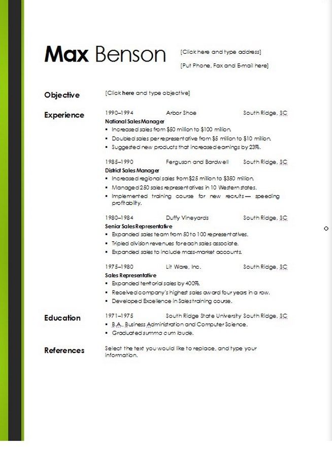 free resume templates for microsoft word 2010