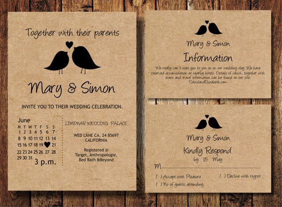 casual wedding invitation suite with birds kraft by bsnpartyart