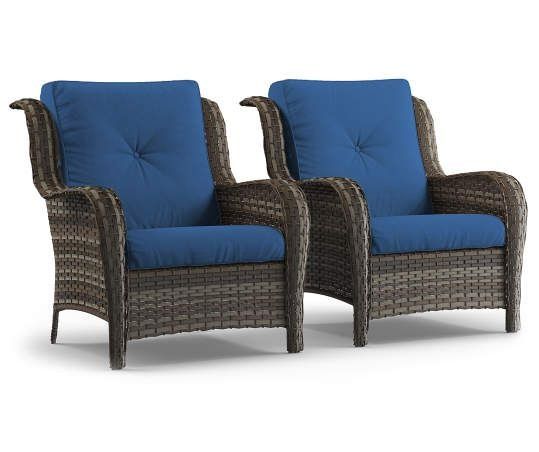 Wilson Fisher Oakmont 2 Piece Navy Blue Cushioned Patio Chair All Weather Wicker Set 1000 Chairs Porch Furniture Seating Sets Patio Chairs Wicker Porch Furniture, Indoor Outdoor Wicker Furniture