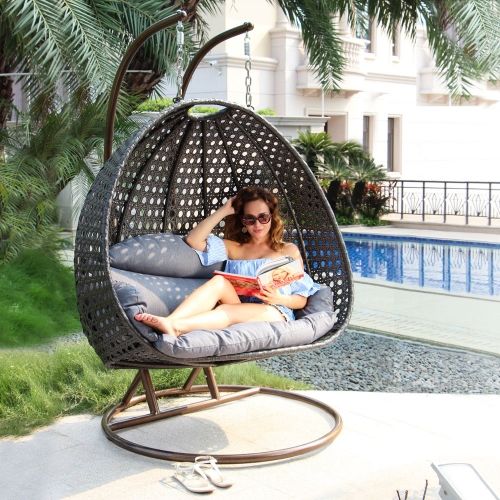 All Weather Heavy Duty Double Seat Knock Down Design Garden Swing Chair Wicker Lounge Hanging With Stand Wicker Lounge Chair, Heavy Duty Outdoor Wicker Furniture