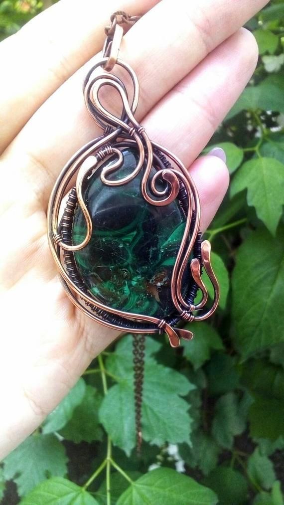 Wire Wrapped Malachite Heart Crystal Pendant Strength