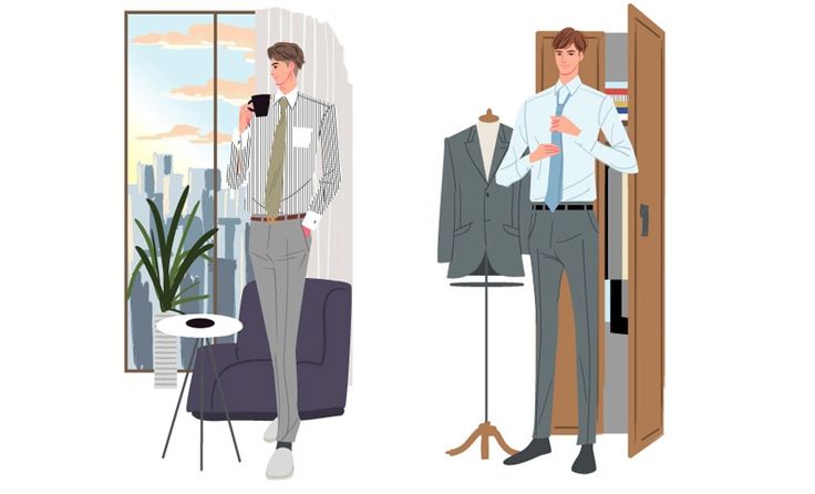 モーニングコーヒーを飲むサラリーマンとネクタイを締めるビジネスマンのファッションイラスト ファッション スーツ 男子 メンズファッション モーニングコーヒーを飲むサラリーマンとネクタイを締めるビジネスマンのファッションイラスト ファッション スーツ 男子 メンズファッション