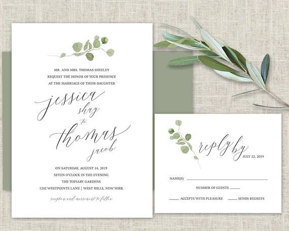 greenery wedding invitation template eucalyptus watercolor banquet template