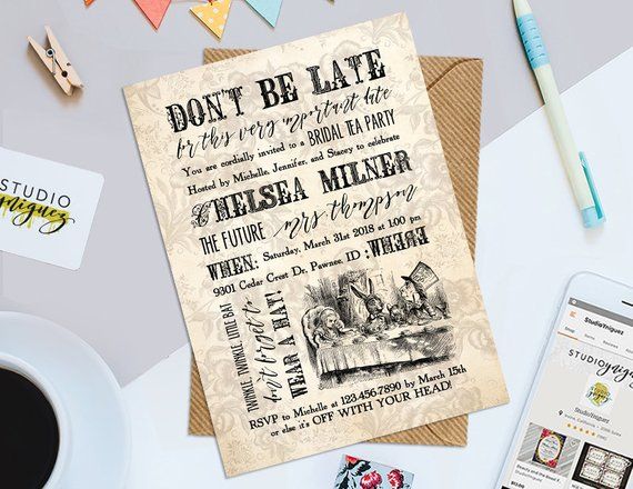 mad tea party bridal shower printable 5 x 7 invitation tea party