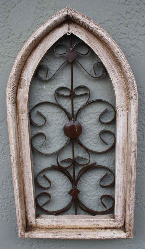 Wooden Antique Style Church WINDOW Wrought Iron Primitive Wood Rustic Gothic