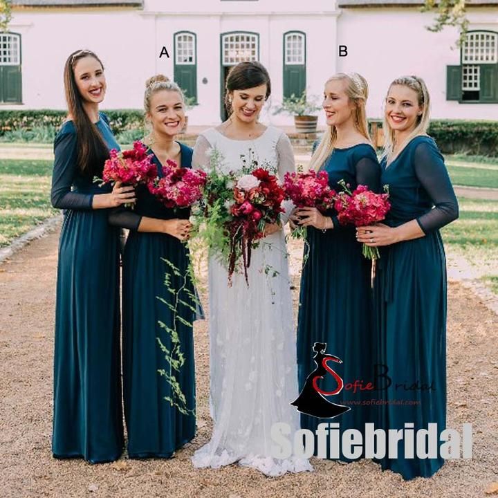 Mismatched Long Sleeves A Line Wedding Guest Dresses Long