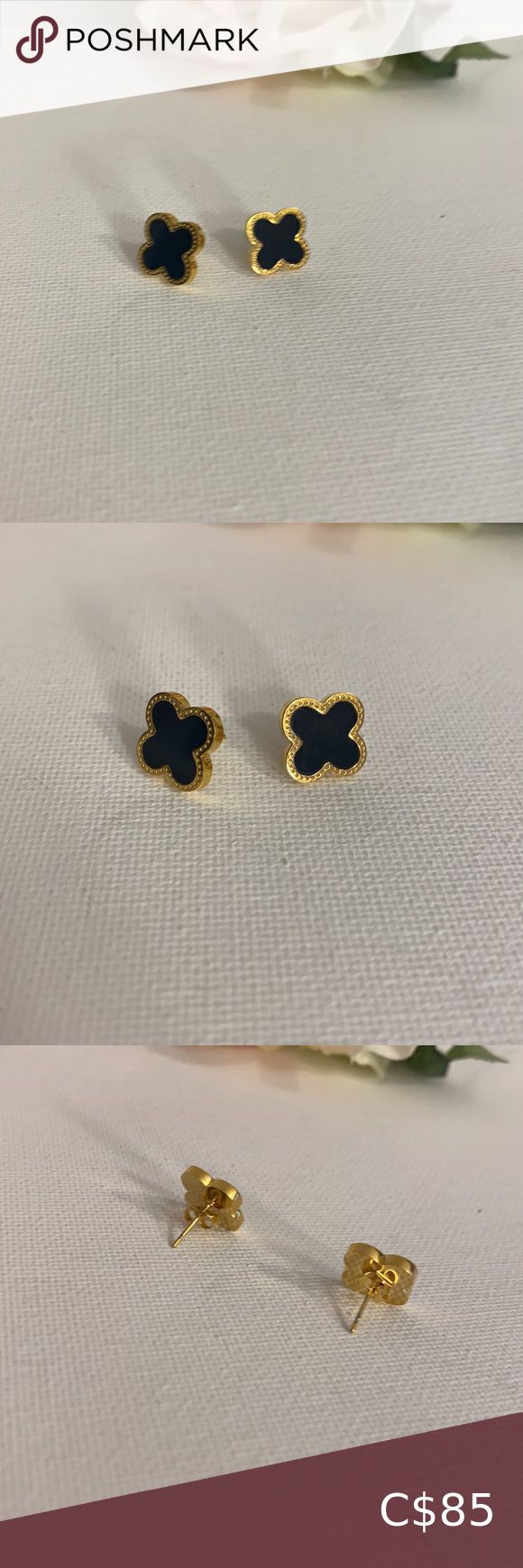 LV earring gold plated black & gold  Gold earrings studs, Stud earrings,  Earrings