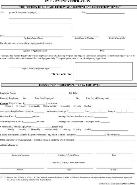 previous employment verification form template